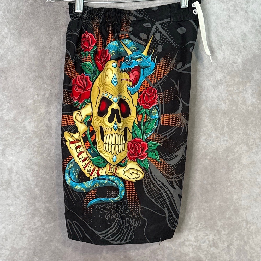 VTG Y2K Joe Boxer‎ Dragon Skull Tattoo Graffiti Youth Swim Trunks Large 10/12